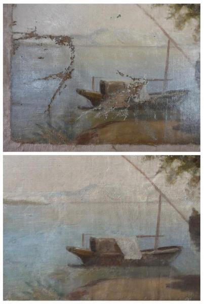 Detail mer et bateau avant et après restauration