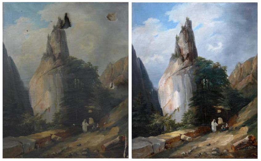Le tableau entier avant et après restauration